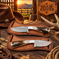 Two examples of rasp steel field work knives with natural antler handles
