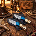 Rasp steel Western ranch skinning knife set with antler and turquoise handles