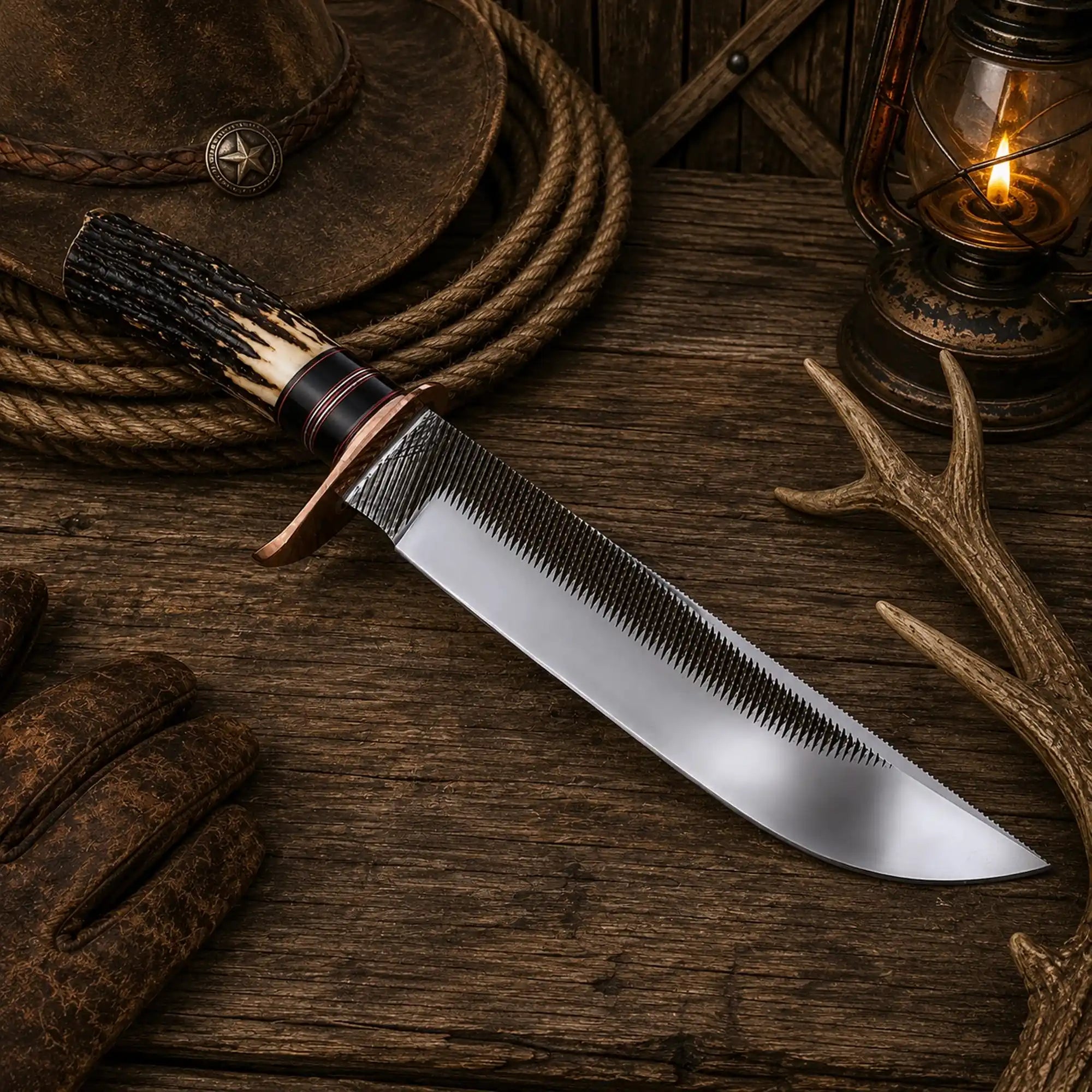 Handcrafted rasp tool-steel Bowie knife with natural antler crown grip