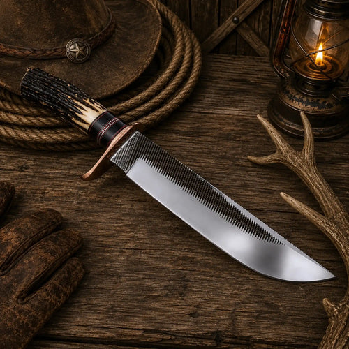 Handcrafted rasp tool-steel Bowie knife with natural antler crown grip