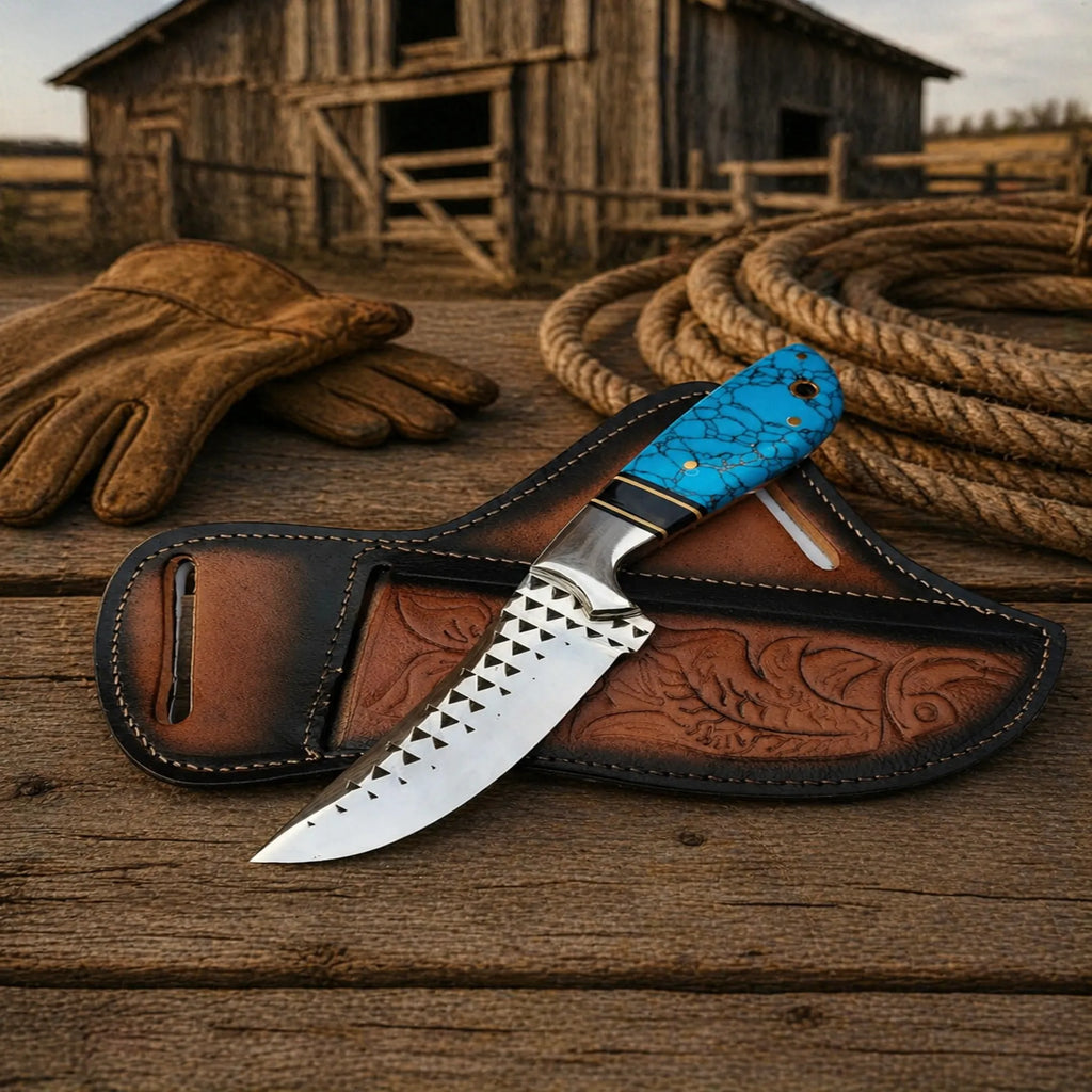 Rasp tool steel hunting knife with turquoise stone handle