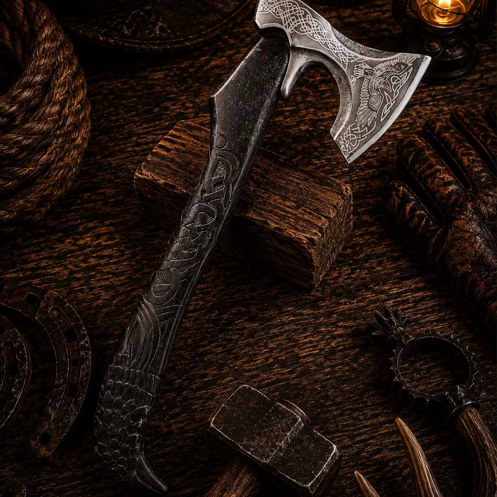 Raven etched Viking axe with hand carved black ash wood handle