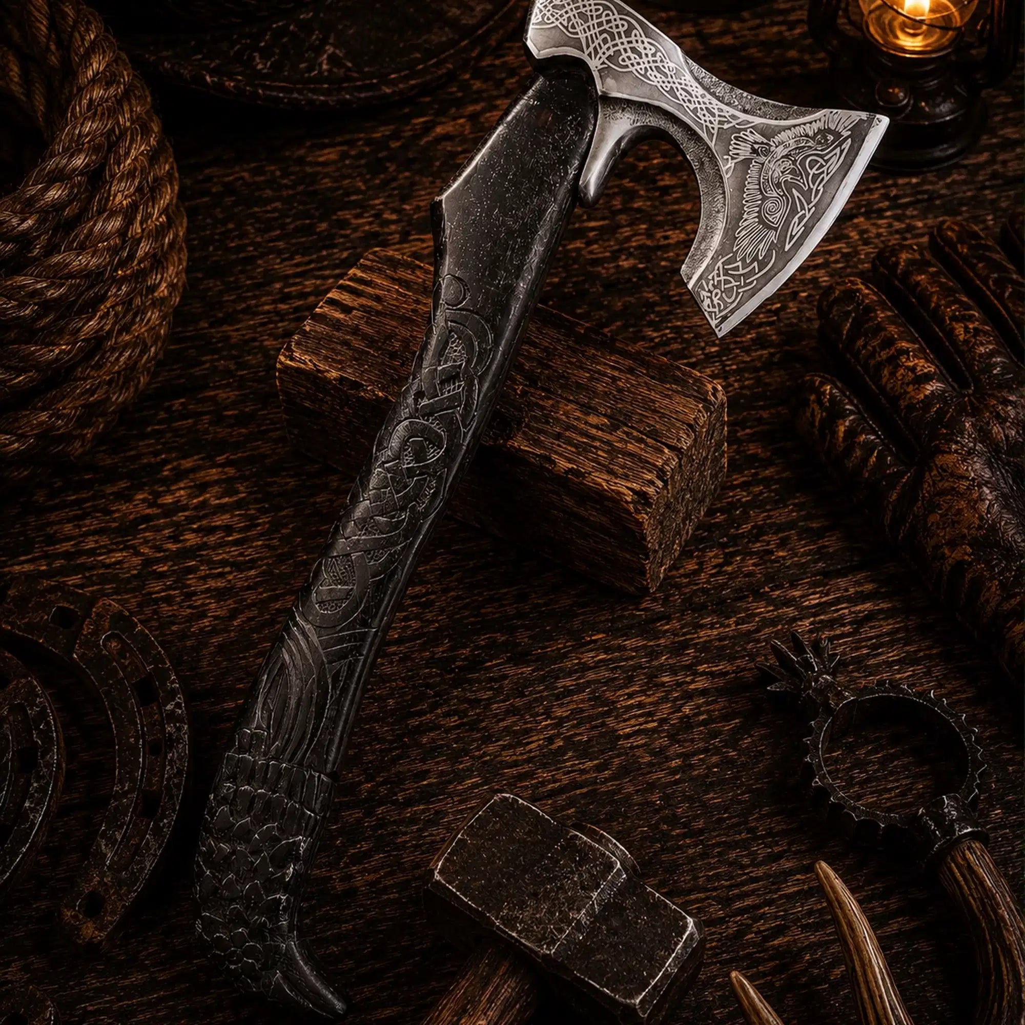 Raven etched Viking axe with hand carved black ash wood handle
