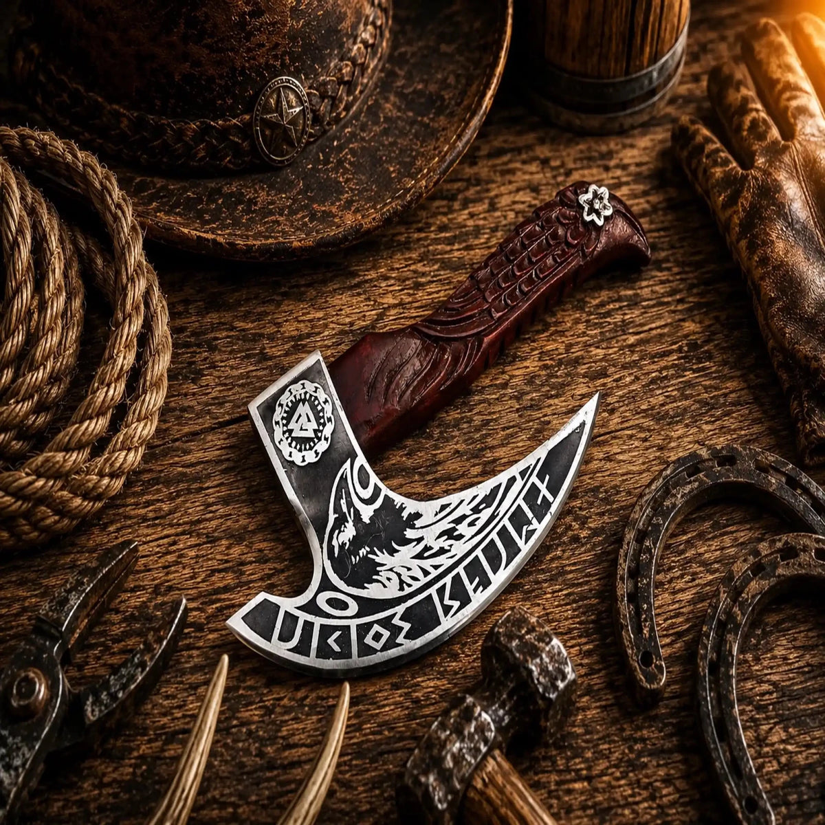 Raven Etched Viking Pizza Cutter – Handmade Kitchen Gift - SHAM KNIVESpizza cutter axeSHAM KNIVESRaven etched Viking pizza cutter with hand carved rosewood handle.