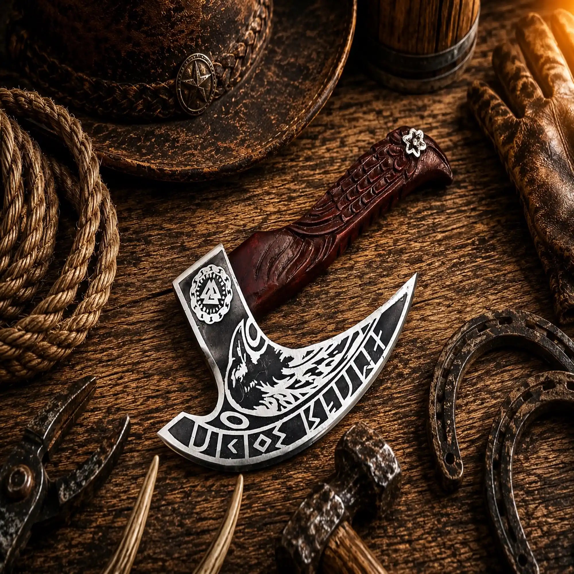 Raven etched Viking pizza cutter with hand carved rosewood handle.