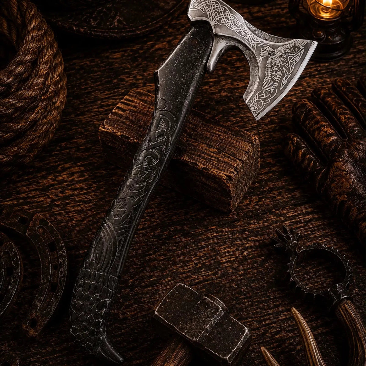 Raven Viking Axe – 1095 Carbon Steel with Hand Carved Ash Handle - SHAM KNIVESViking AxeSHAM KNIVESRaven etched Viking axe with hand carved black ash wood handle