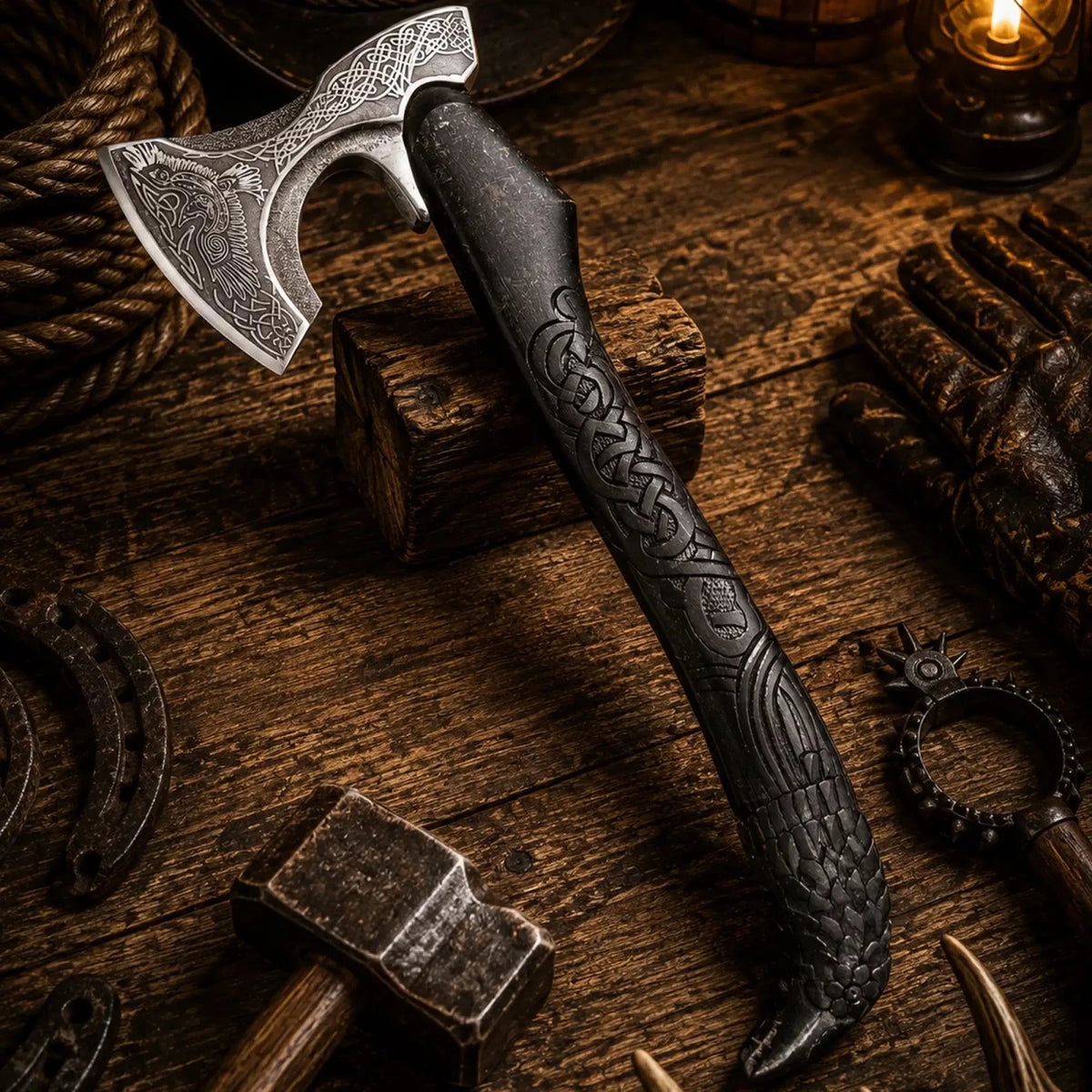 Raven Viking Axe – 1095 Carbon Steel with Hand Carved Ash Handle - SHAM KNIVESViking AxeSHAM KNIVESHandmade Norse Viking axe with detailed raven engraving and leather sheath