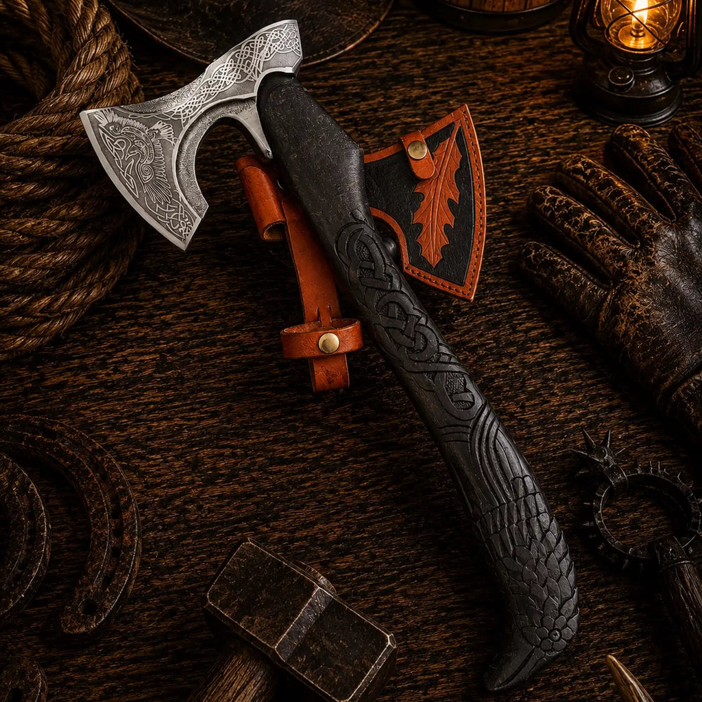 Raven Viking axe with 1095 carbon steel head and carved ash wood handle