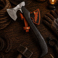 Raven Viking axe with 1095 carbon steel head and carved ash wood handle