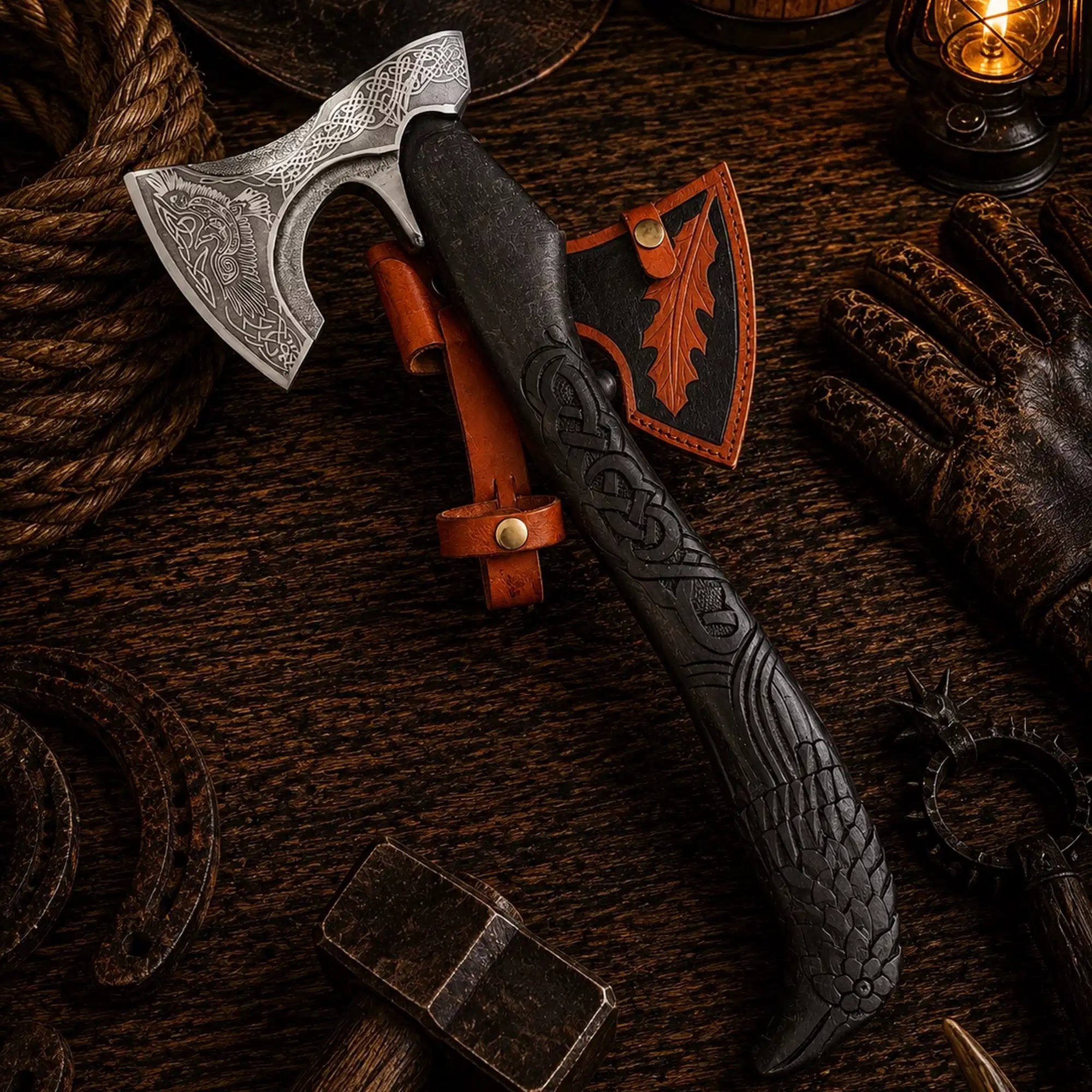 Raven Viking axe with 1095 carbon steel head and carved ash wood handle