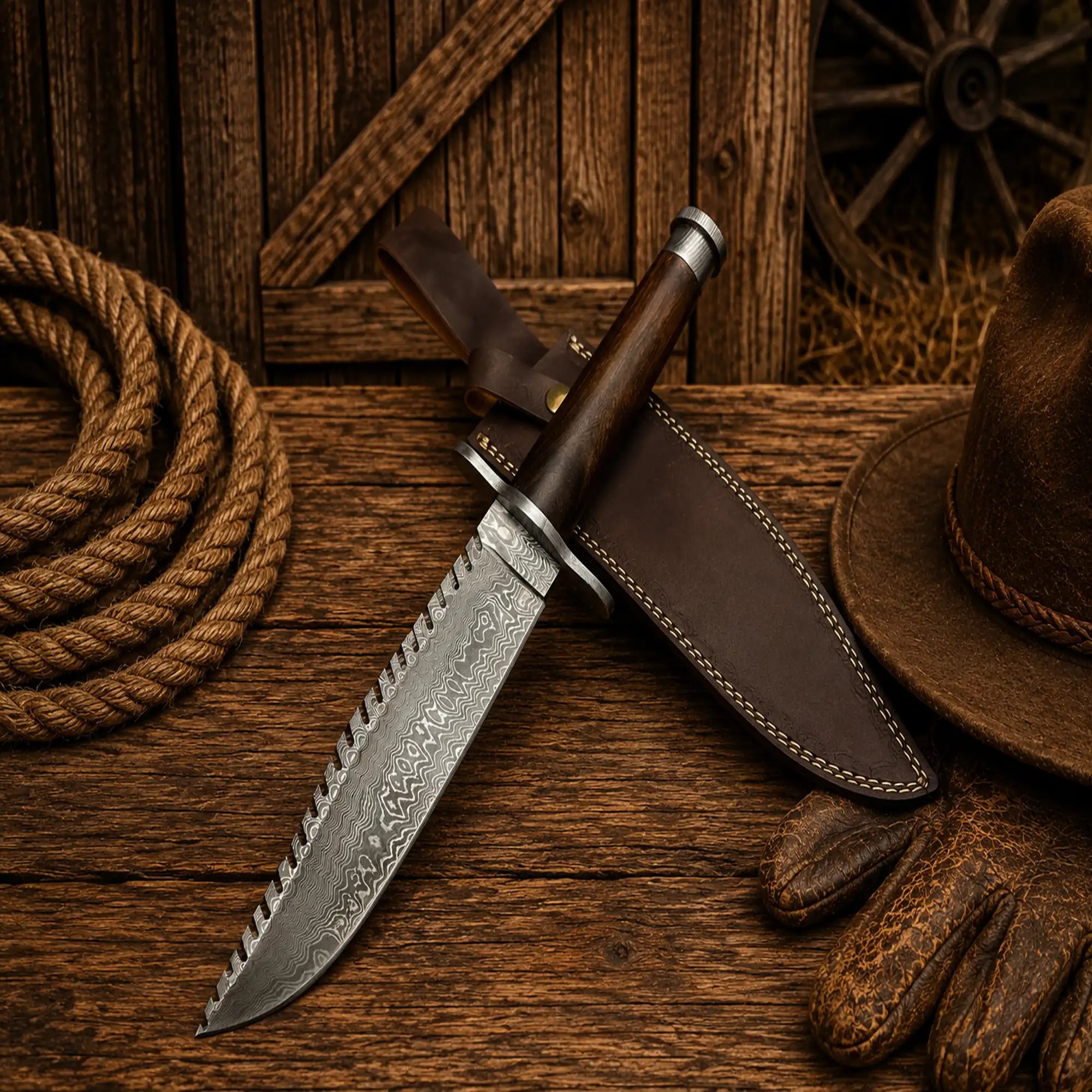 Real Rambo Bowie knife with Damascus steel blade and walnut handle