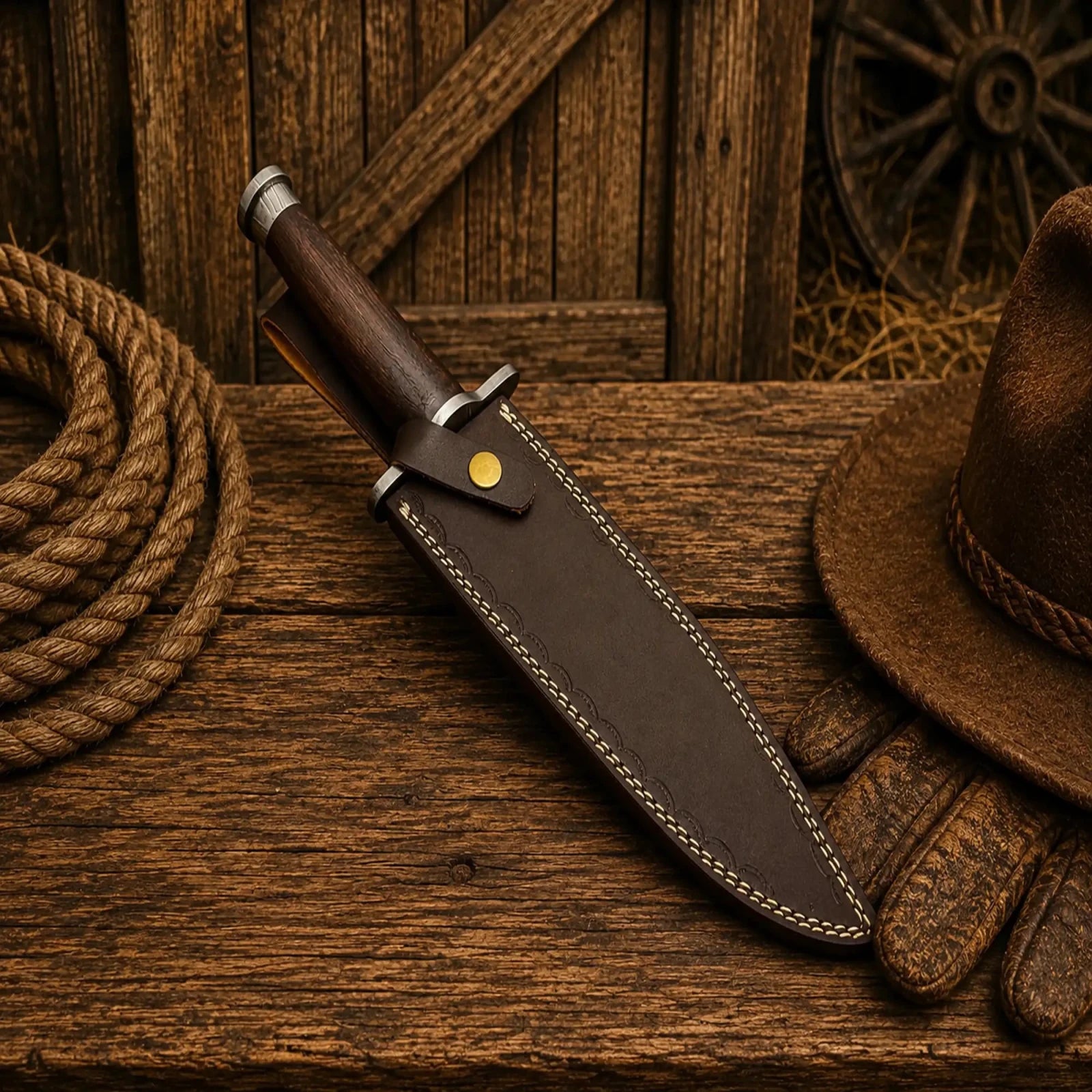 Real Rambo Bowie Knife – Damascus Steel Walnut Wood Handle - SHAM KNIVESBowie knifeSHAM KNIVESHandmade Damascus Bowie knife with leather sheath