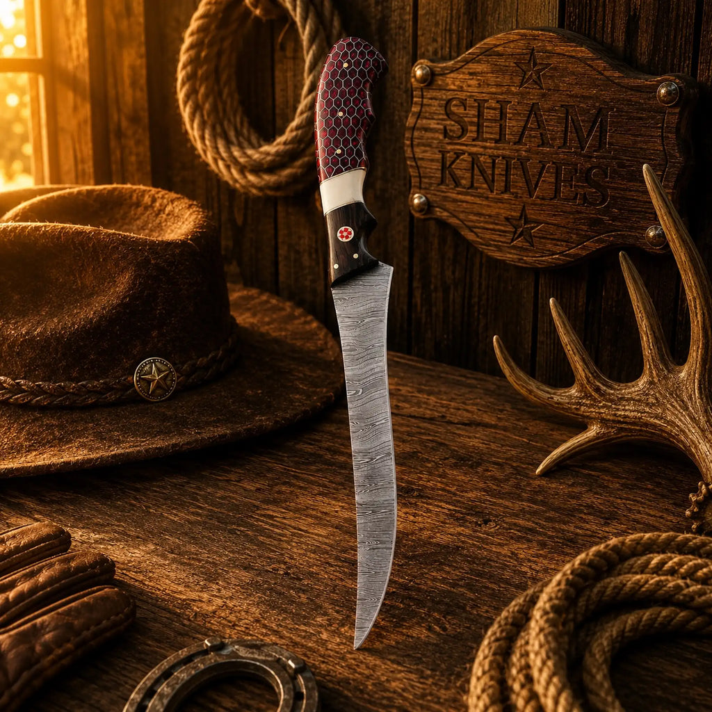 Handmade Damascus fishing knife with red honeycomb handle and leather sheath