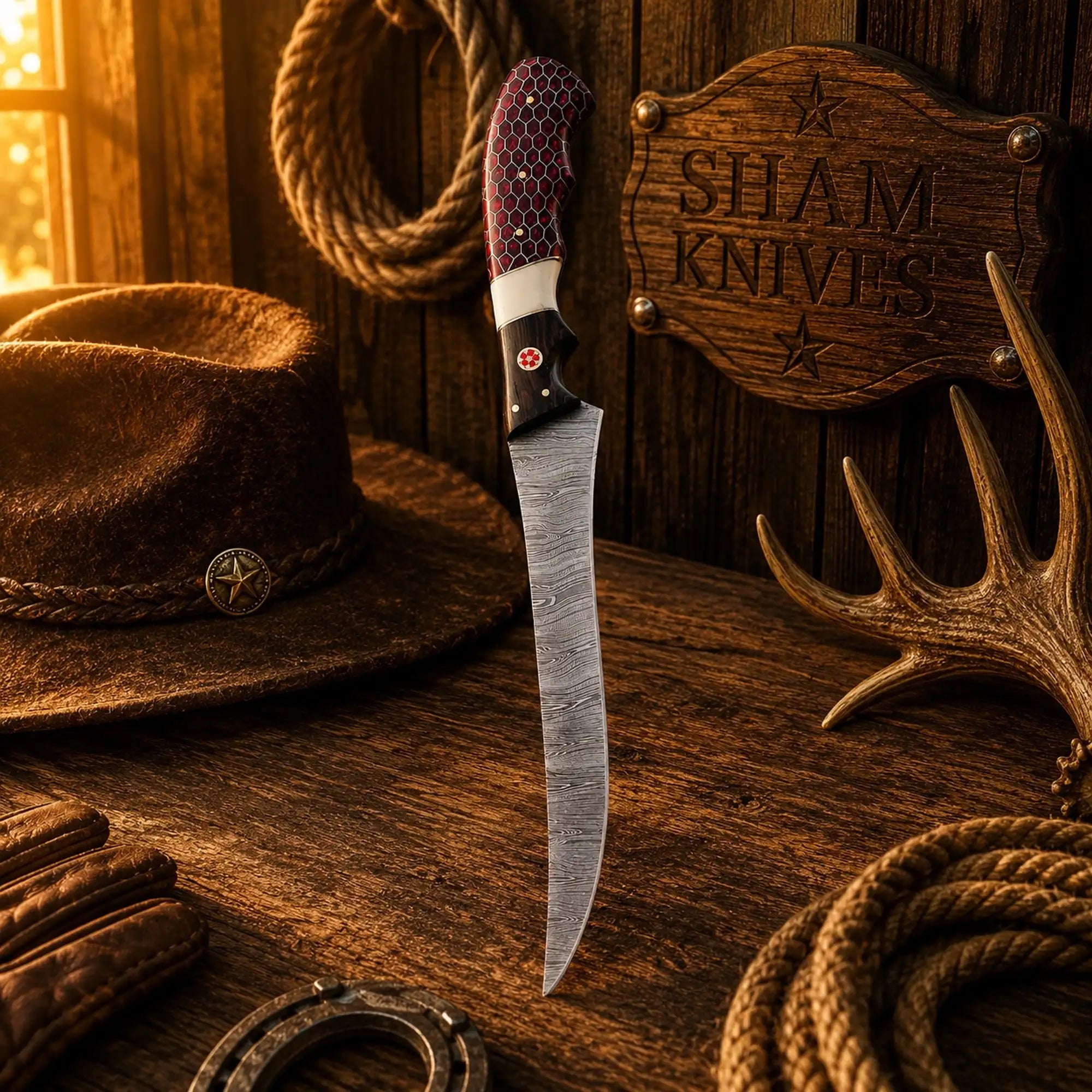 Handmade Damascus fishing knife with red honeycomb handle and leather sheath