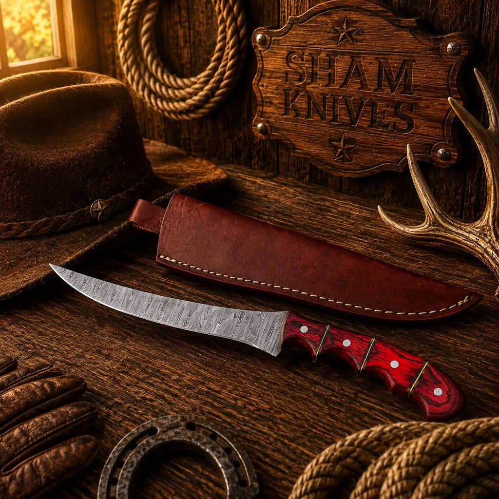 Redfin Legend Damascus steel fillet knife with red Pakka wood handle