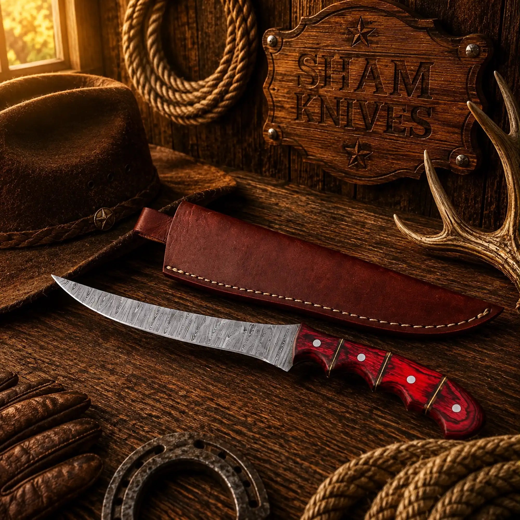 Redfin Legend Damascus steel fillet knife with red Pakka wood handle