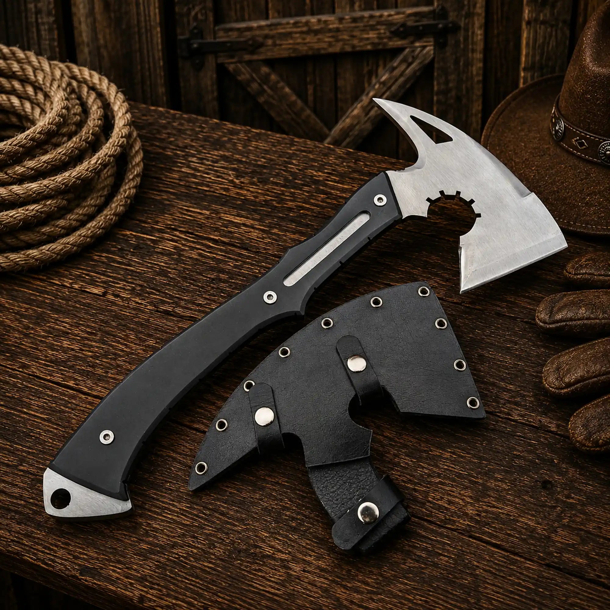 Resident Evil Leon hatchet display piece with leather sheath.