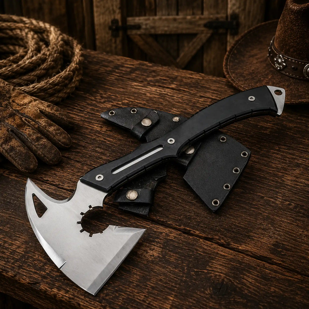 Resident Evil Requiem Leon hatchet featuring a full tang D2 steel head and Micarta handle.