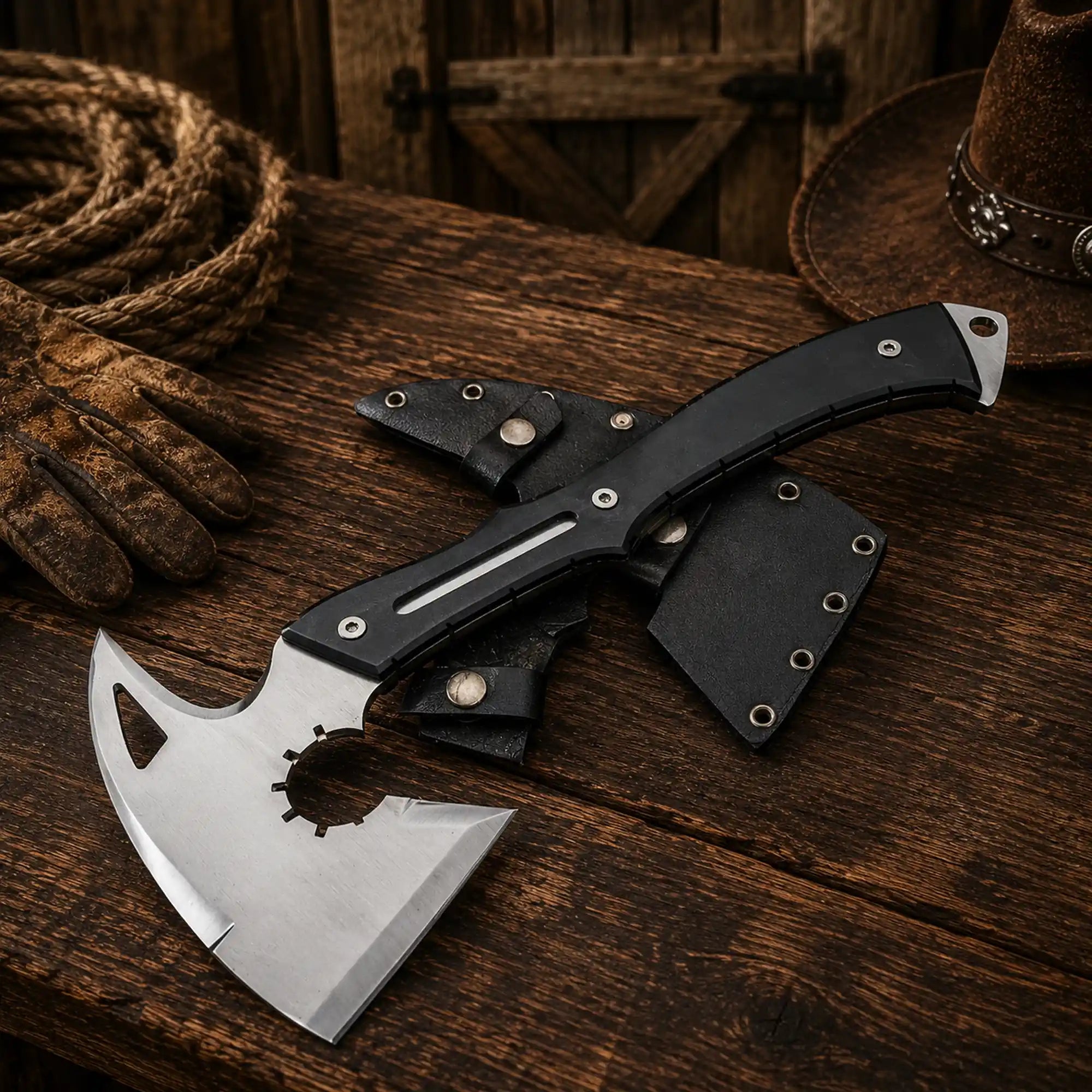 Resident Evil Requiem Leon hatchet featuring a full tang D2 steel head and Micarta handle.