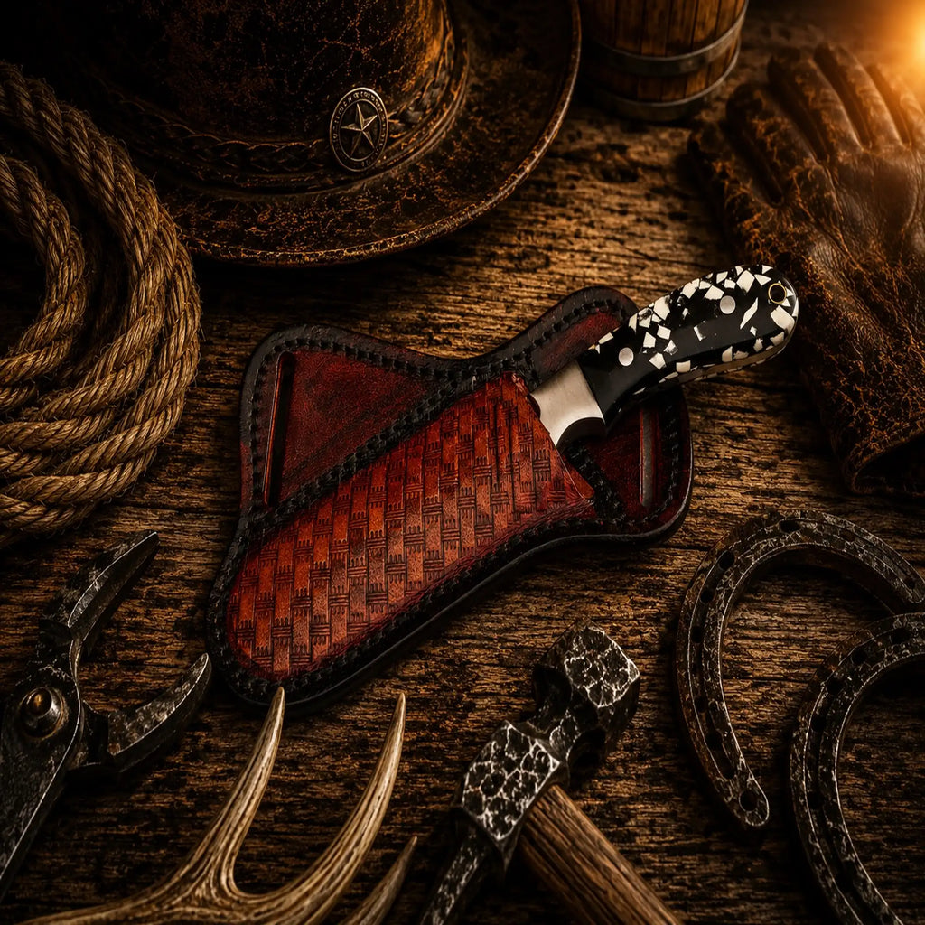 Full tang Damascus hunting knife with leather belt sheath