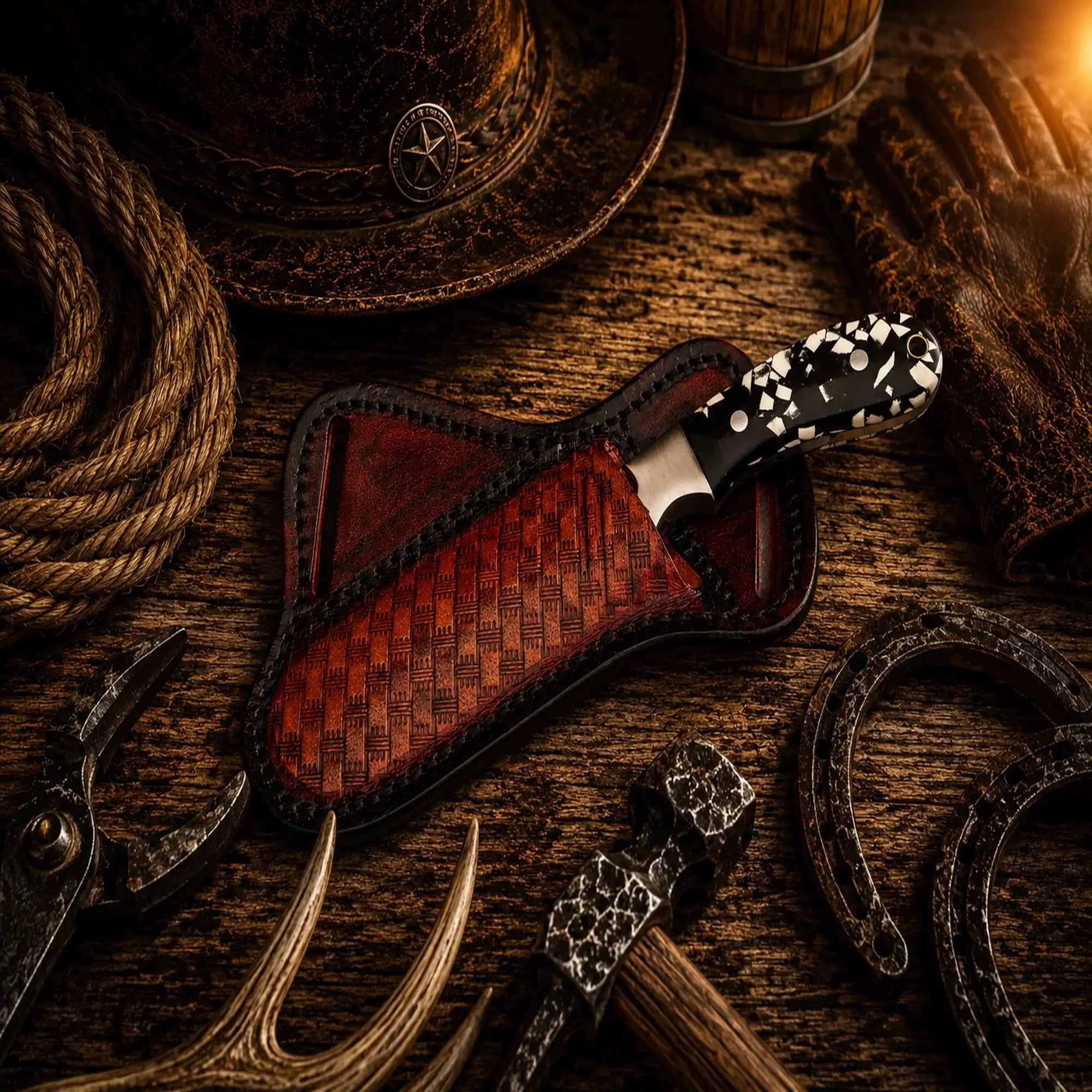 Full tang Damascus hunting knife with leather belt sheath