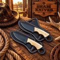 Ring handle cowboy hunting knife pair with bone handles