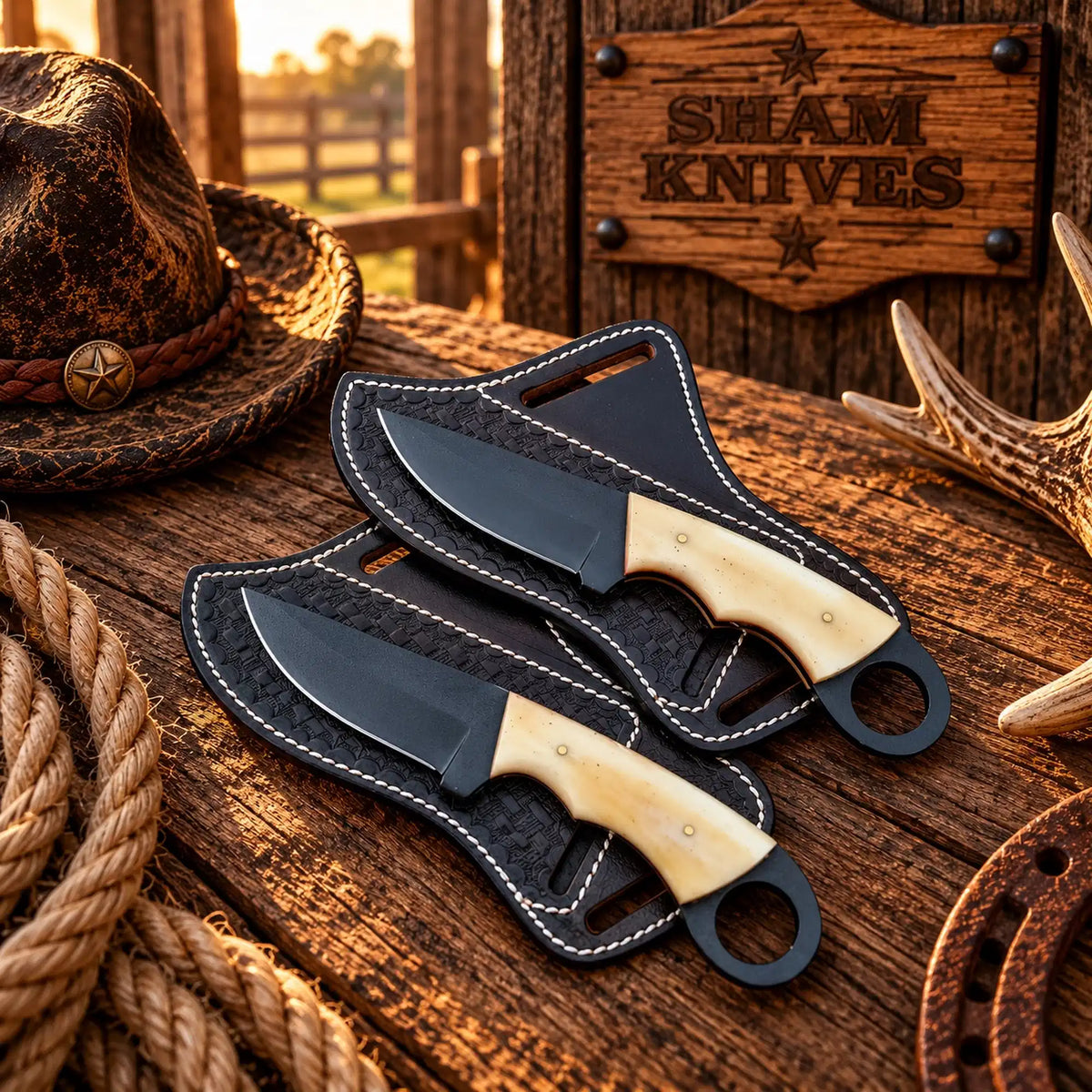 Ring handle cowboy hunting knife pair with bone handles