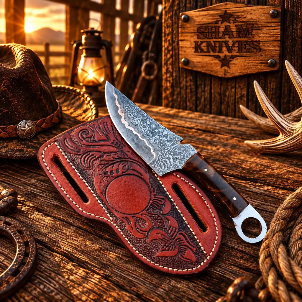 Ring-tail Copper Damascus skinning knife with brown resin handle