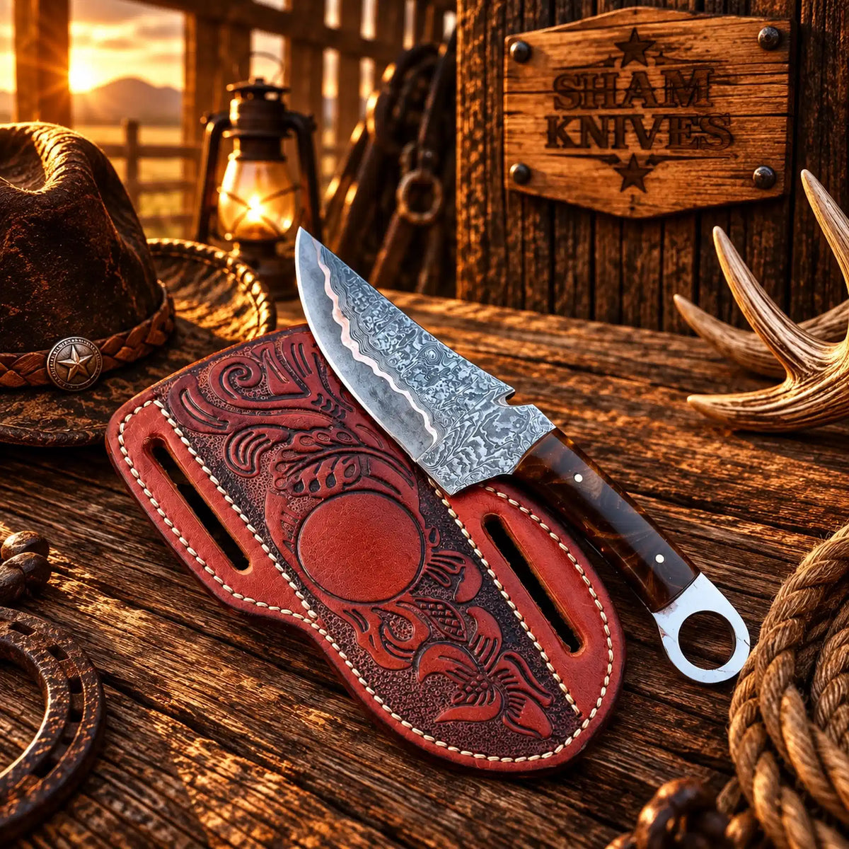 Ring-tail Copper Damascus skinning knife with brown resin handle