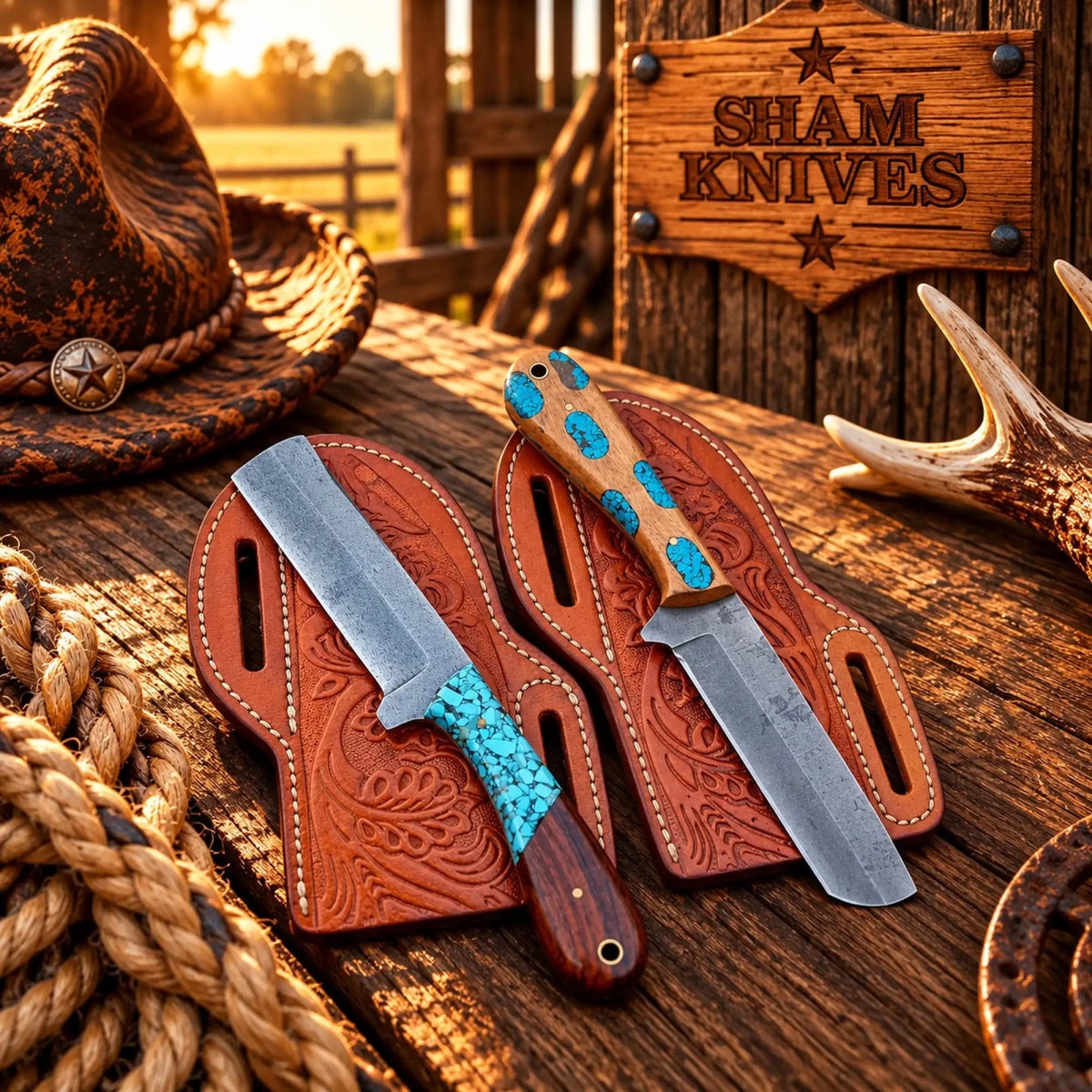 Rio Grande Bull Cutter Knife Set – 4” acid wash blade with Turquoise Inlay Wood Handles - SHAM KNIVESBull cutterSHAM KNIVESRio Grande Bull Cutter Knife Set with acid wash steel blades