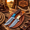 Rodeo two-piece D2 cowboy belt knife set on brown tooled leather
