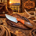 Rodeo Western skinning knife with rasp steel blade and wood handle
