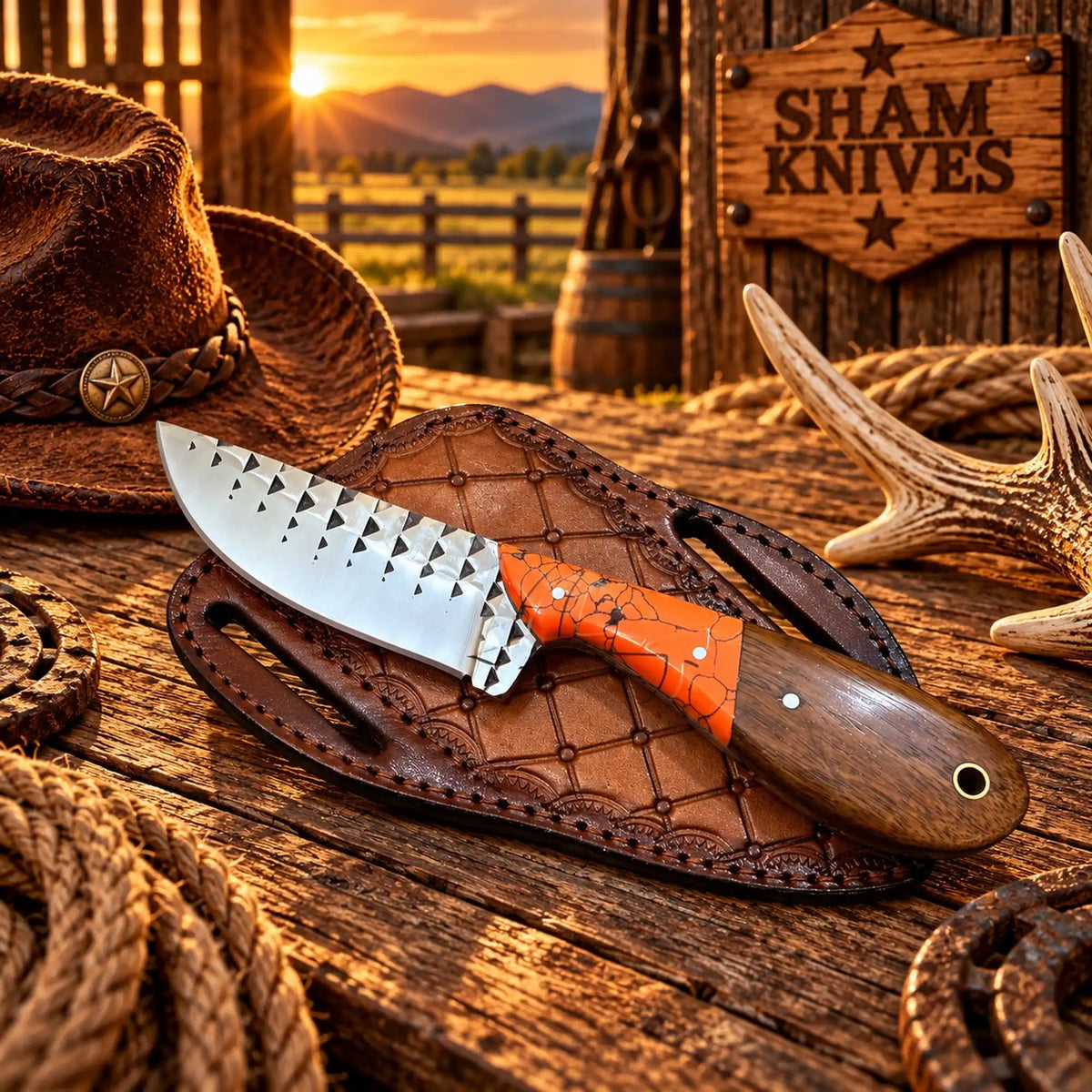 Rodeo Western skinning knife with rasp steel blade and wood handle

