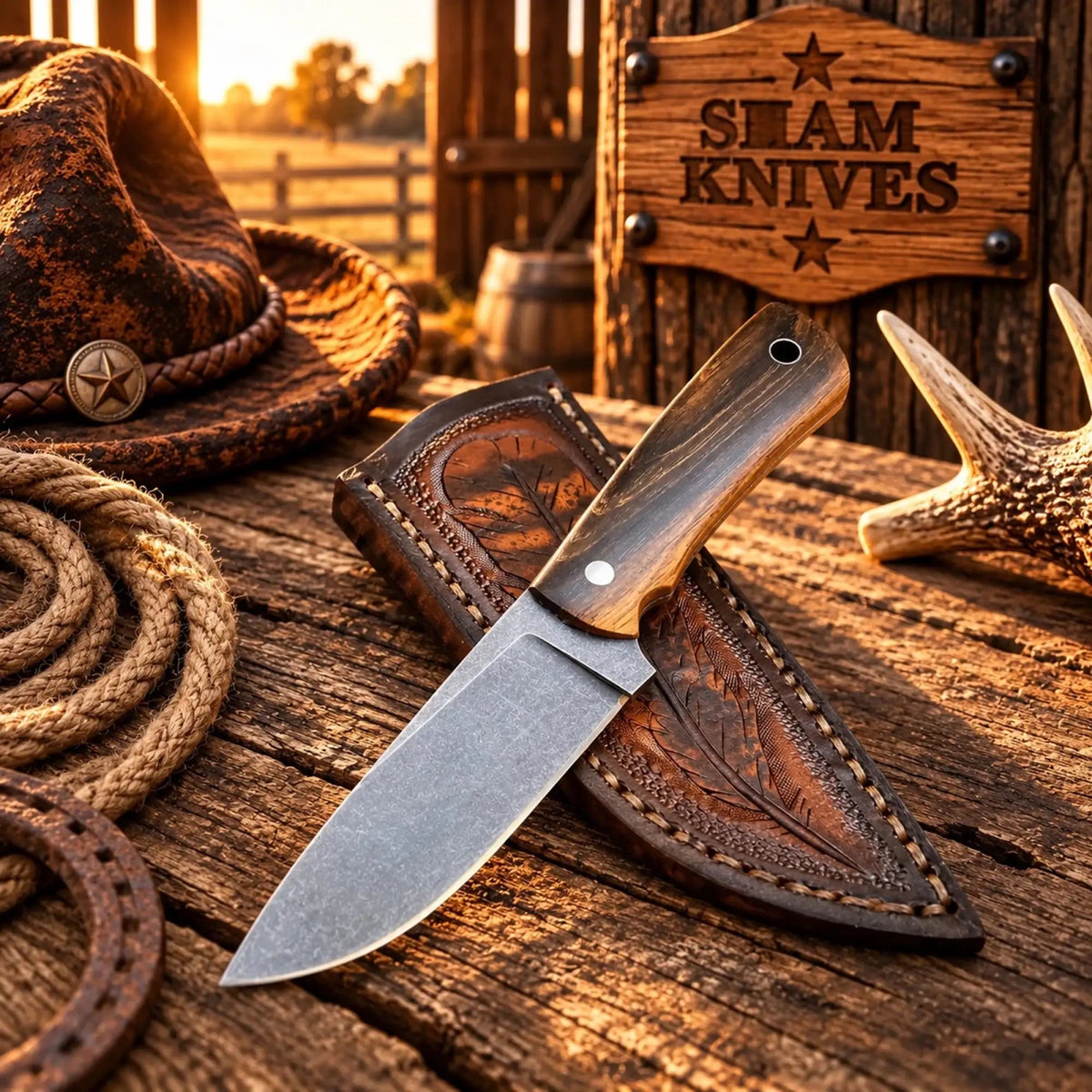 Rose Wood Trail Buckaroo Knife – 4″ D2 Acid Wash Blade & Cross-Draw Sheath - SHAM KNIVESBuckaroo KnifeSHAM KNIVESRose Wood Trail Buckaroo knife with 4 inch D2 steel blade