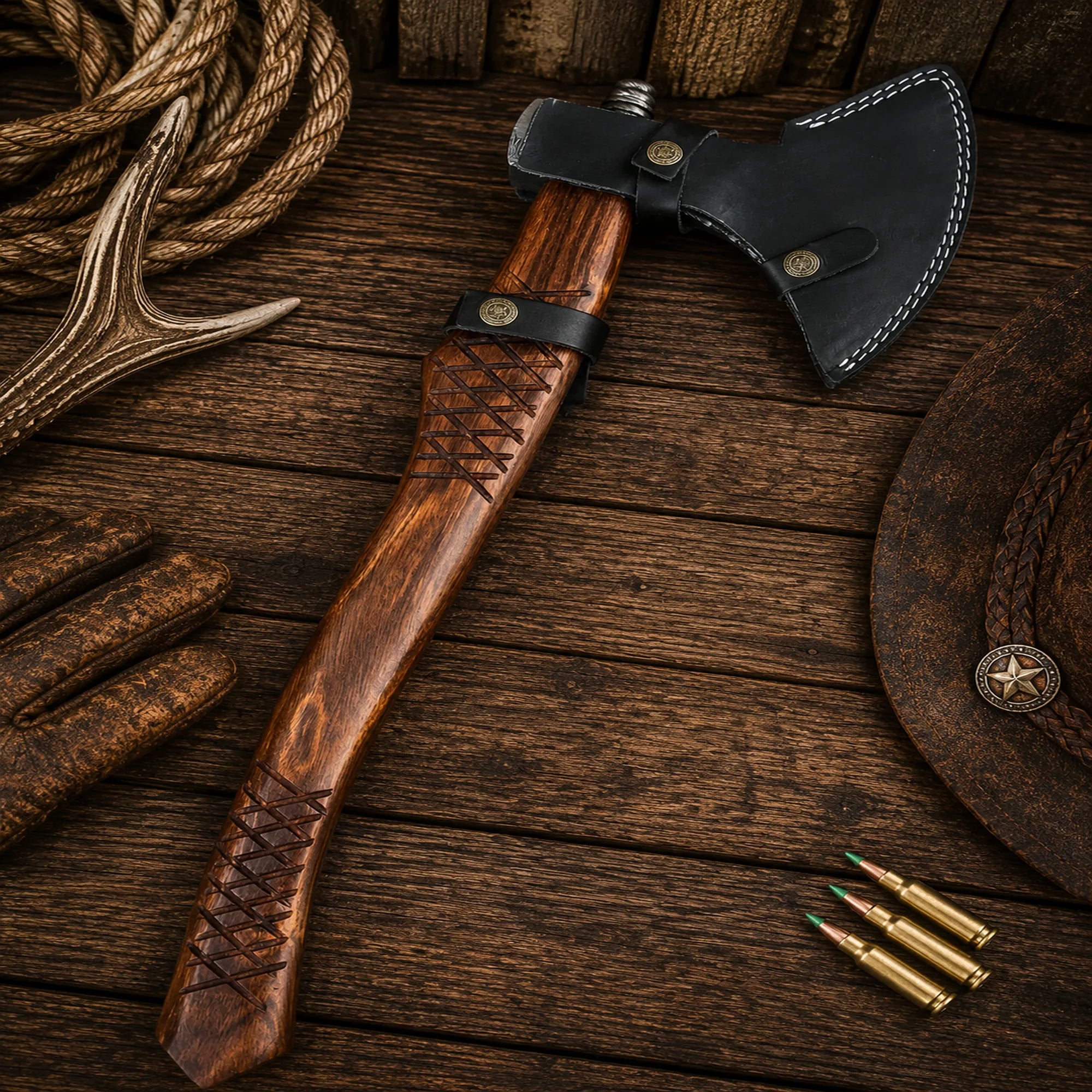 Damascus steel camping hatchet with patterned blade and polished rosewood handle.