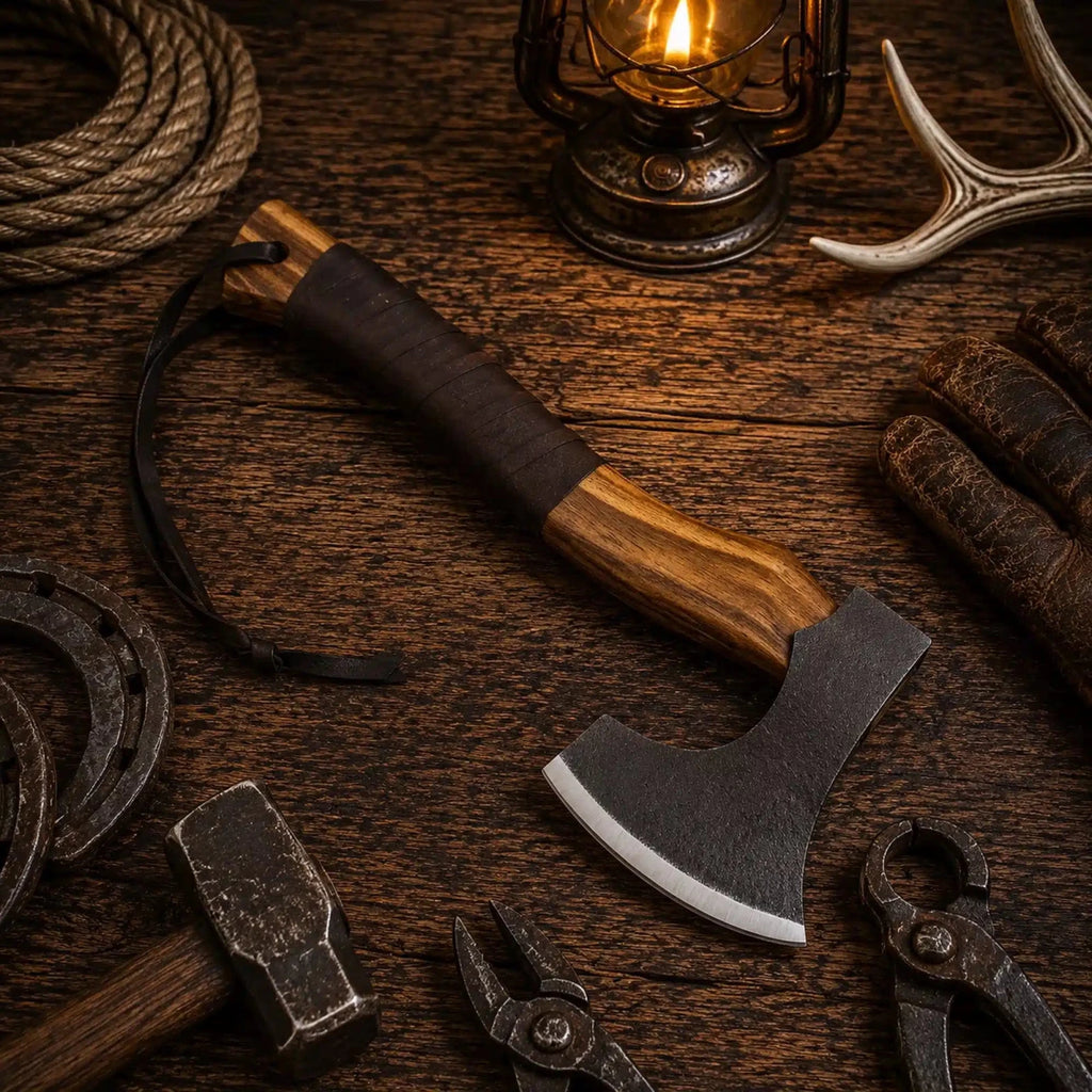Carbon steel tomahawk axe with 6 inch head and natural rosewood handle