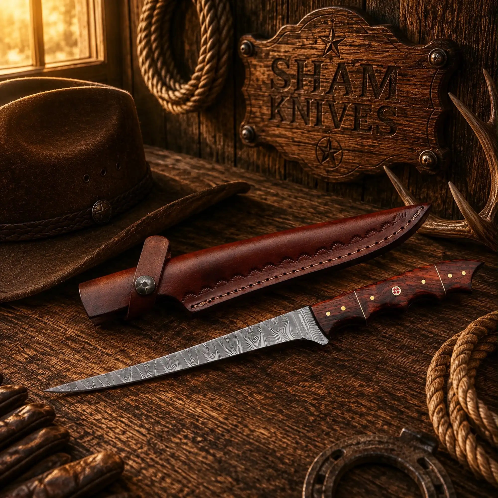 Rosewood Trail Damascus steel fillet knife with leather sheath