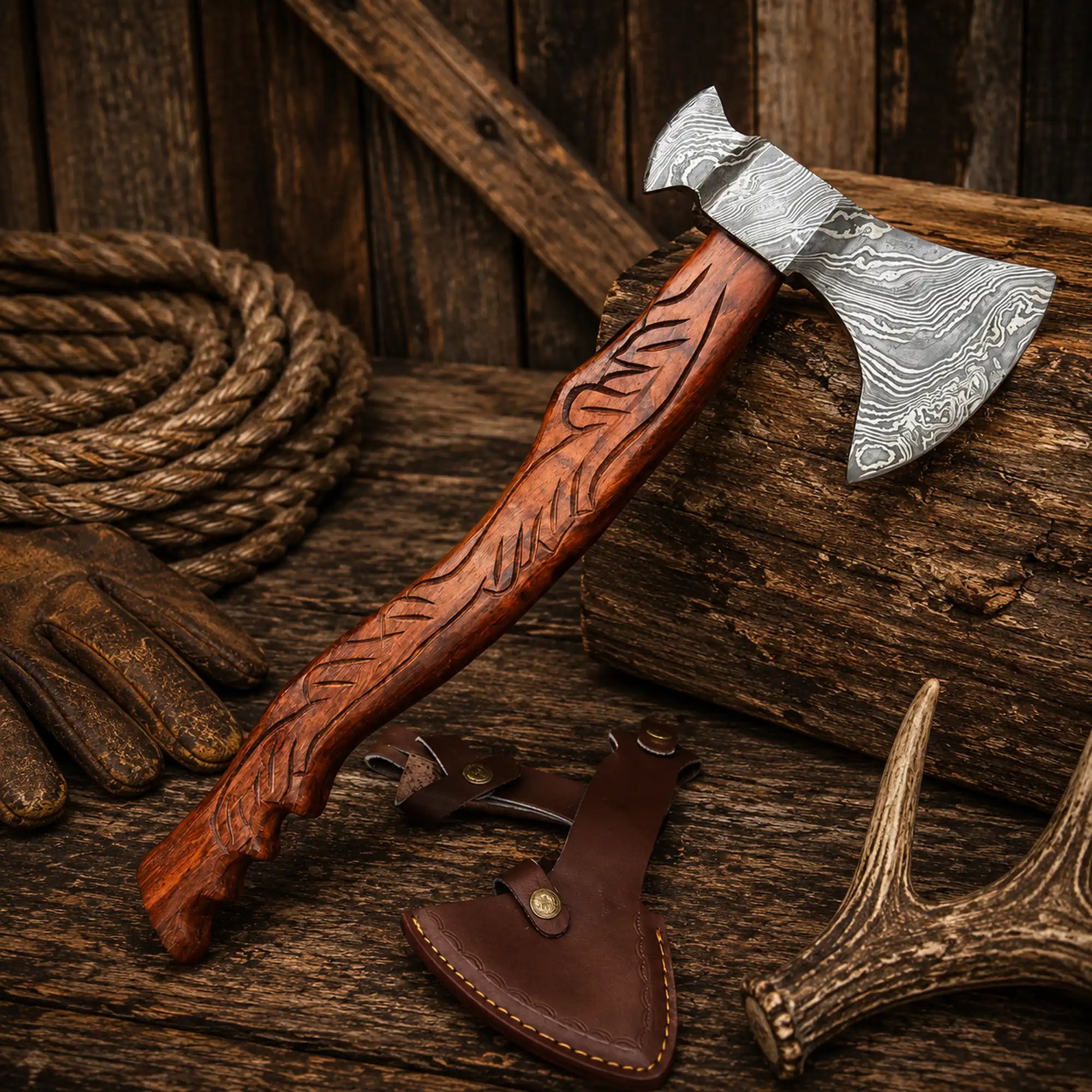 Handmade Damascus steel tomahawk with carved rosewood handle and genuine leather sheath.