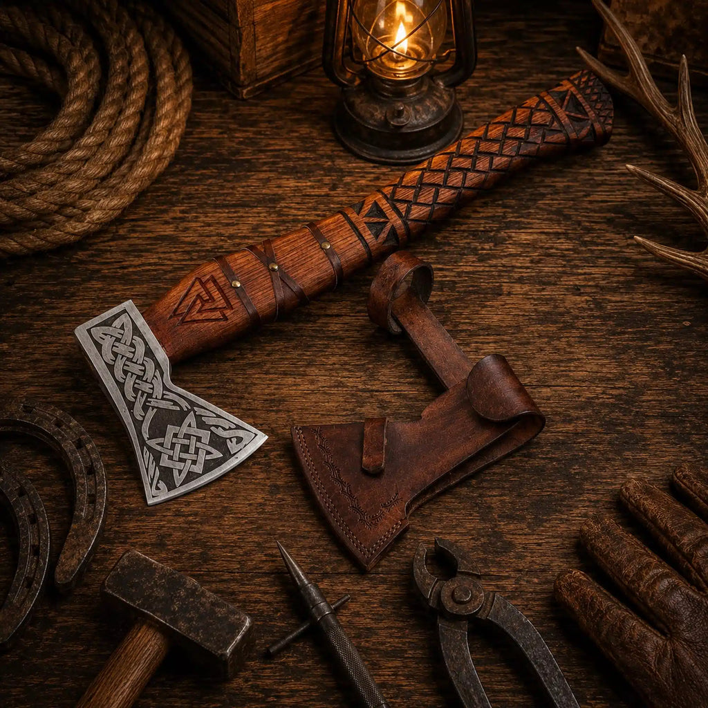 Runic and Celtic engraved Viking axe made from 1095 carbon steel