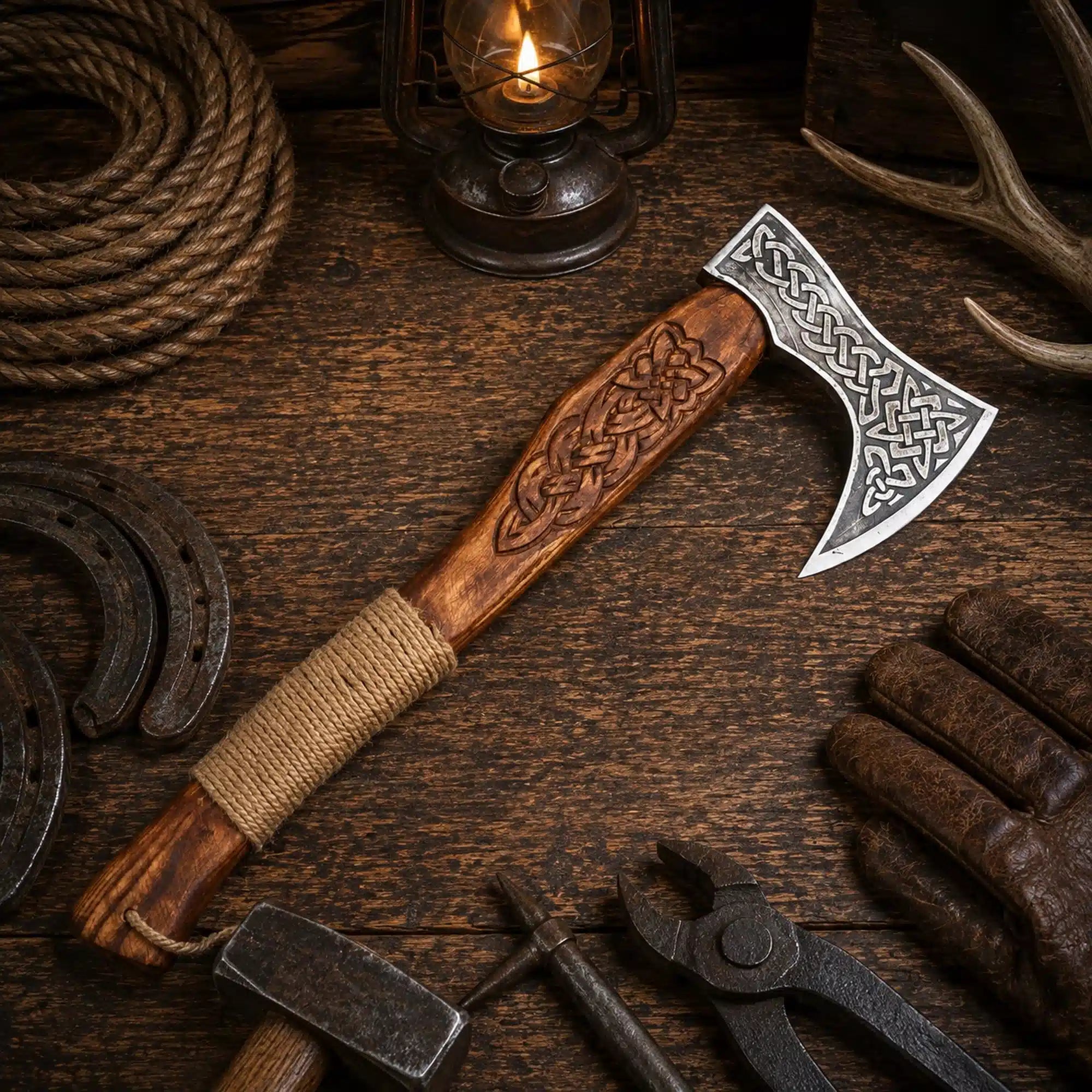 Runic Viking axe with 1095 carbon steel head and ash wood handle