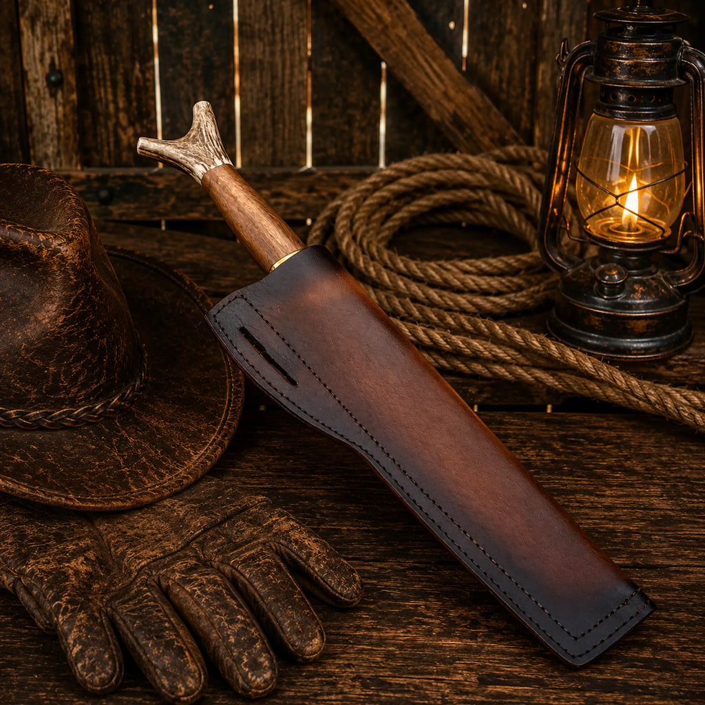Frontier style Bowie knife with leather sheath and wooden grip