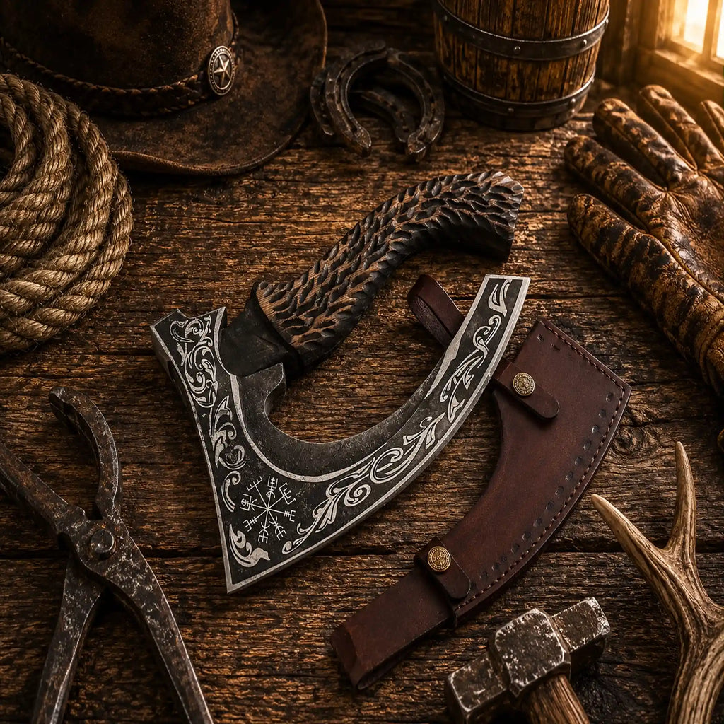 Rustic handmade pizza slicer axe with decorative carbon steel blade