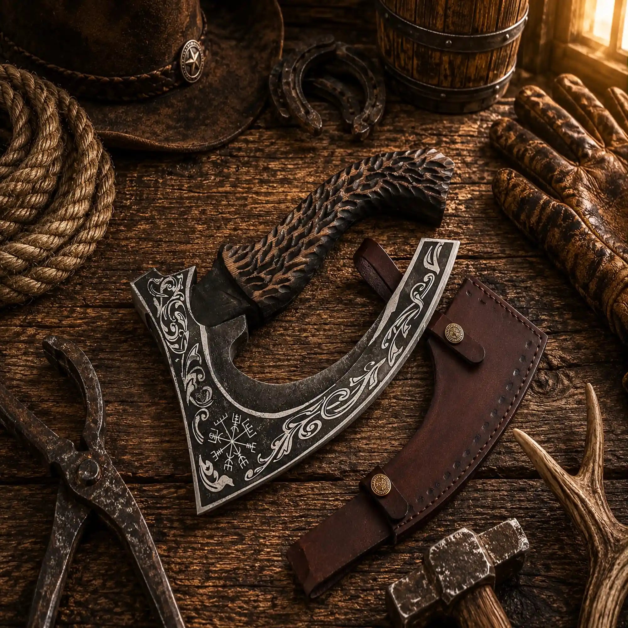 Rustic handmade pizza slicer axe with decorative carbon steel blade