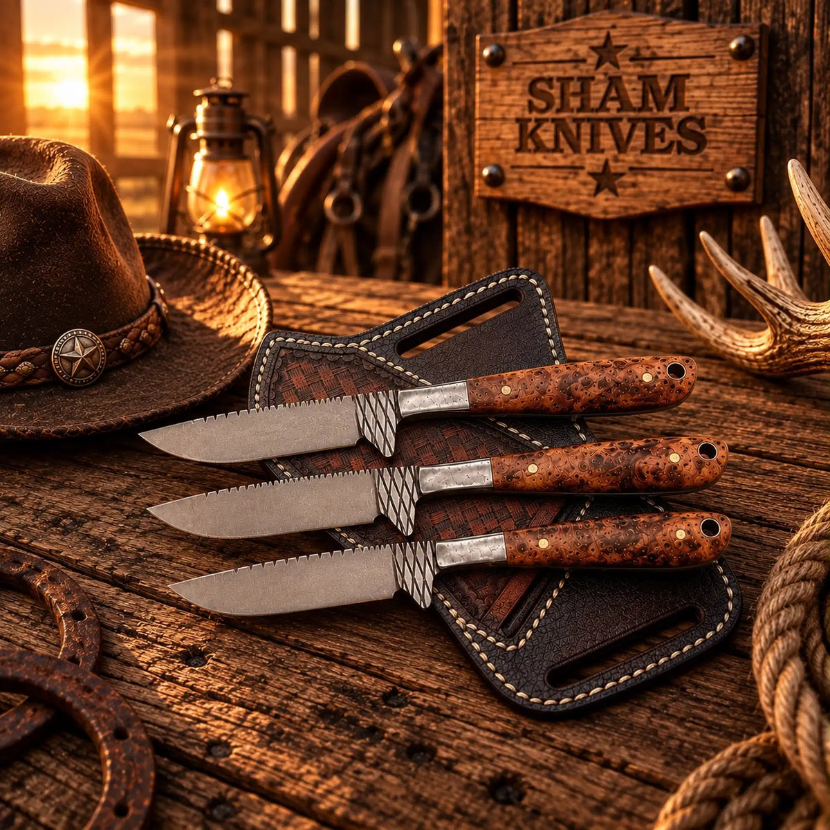 The Rustler Trio farrier rasp steel skinning knife set with resin handles