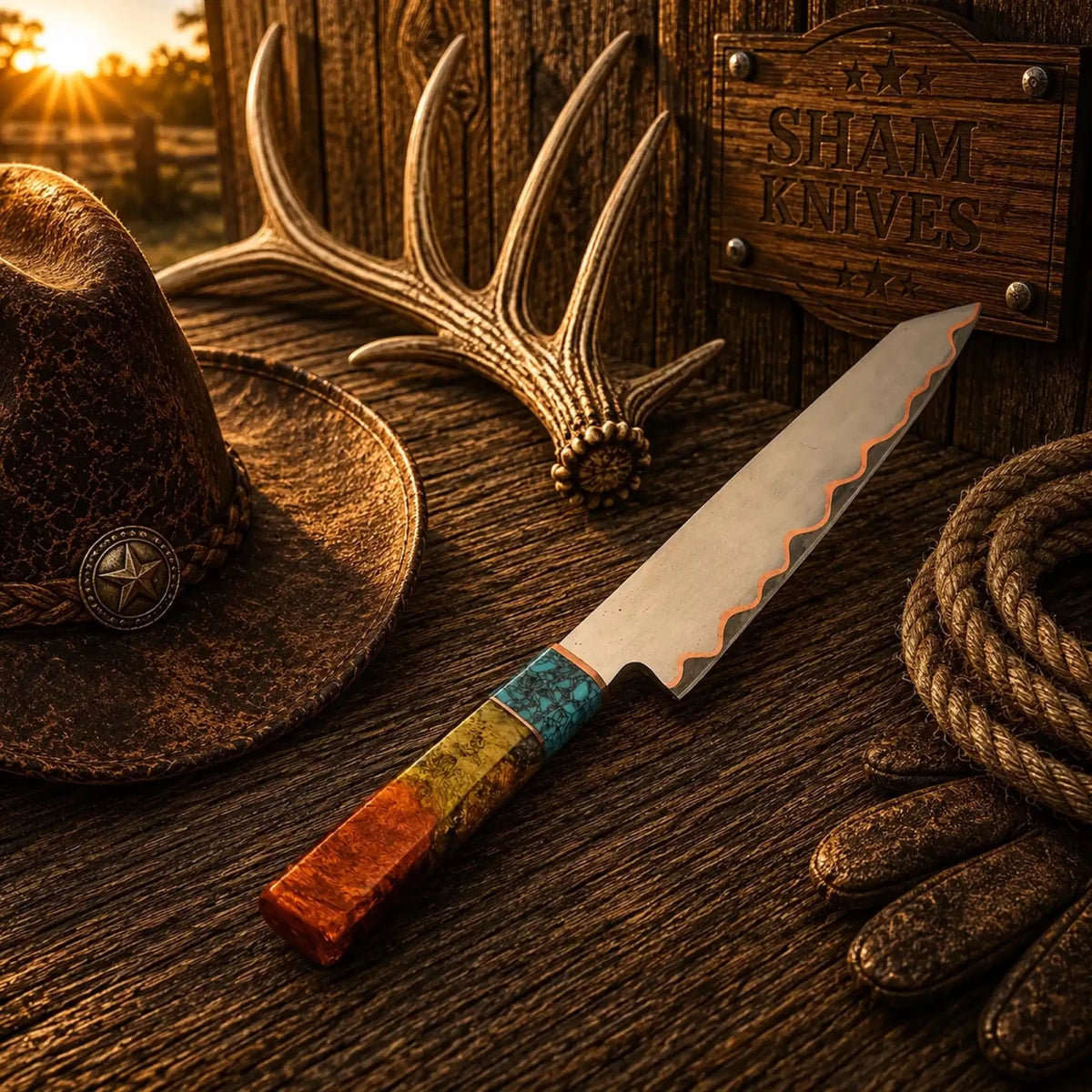 San Mai Copper Damascus Chef Knife – Turquoise Resin Handle - SHAM KNIVESCopper Damascus Chef knifeSHAM KNIVESCopper Damascus chef knife featuring a turquoise-and-amber handle