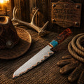 San Mai Copper Damascus chef knife with turquoise resin handle