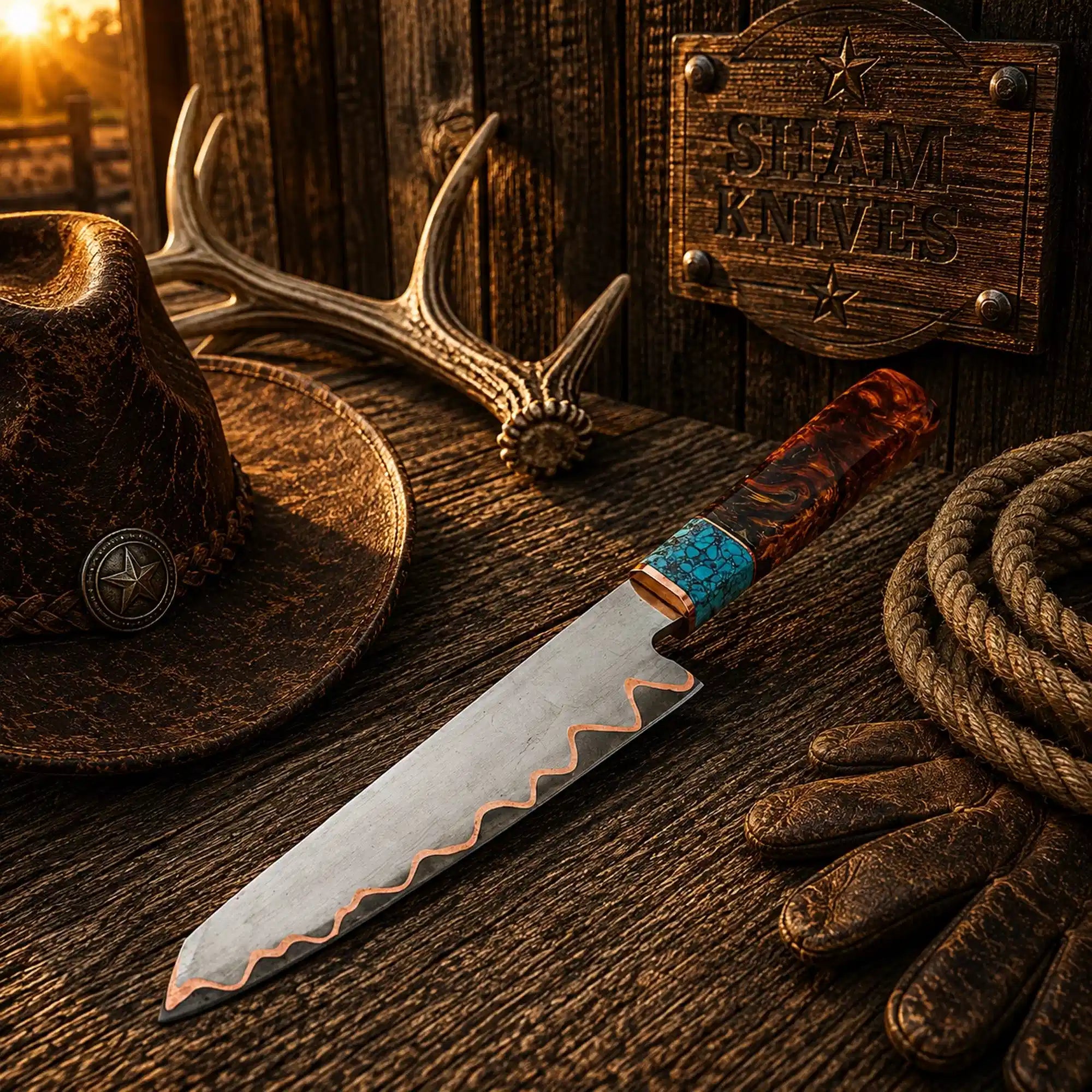 San Mai Copper Damascus chef knife with turquoise resin handle