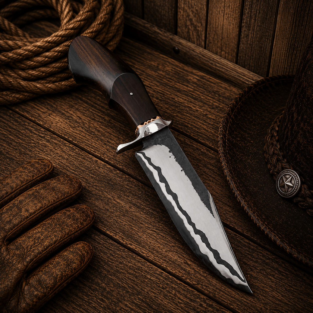 San Mai Jungle Bowie Knife – 5160 Steel Blade Rosewood Handle - SHAM KNIVESBowie knifeSHAM KNIVESSan Mai Jungle Bowie knife with handcrafted 5160 steel blade