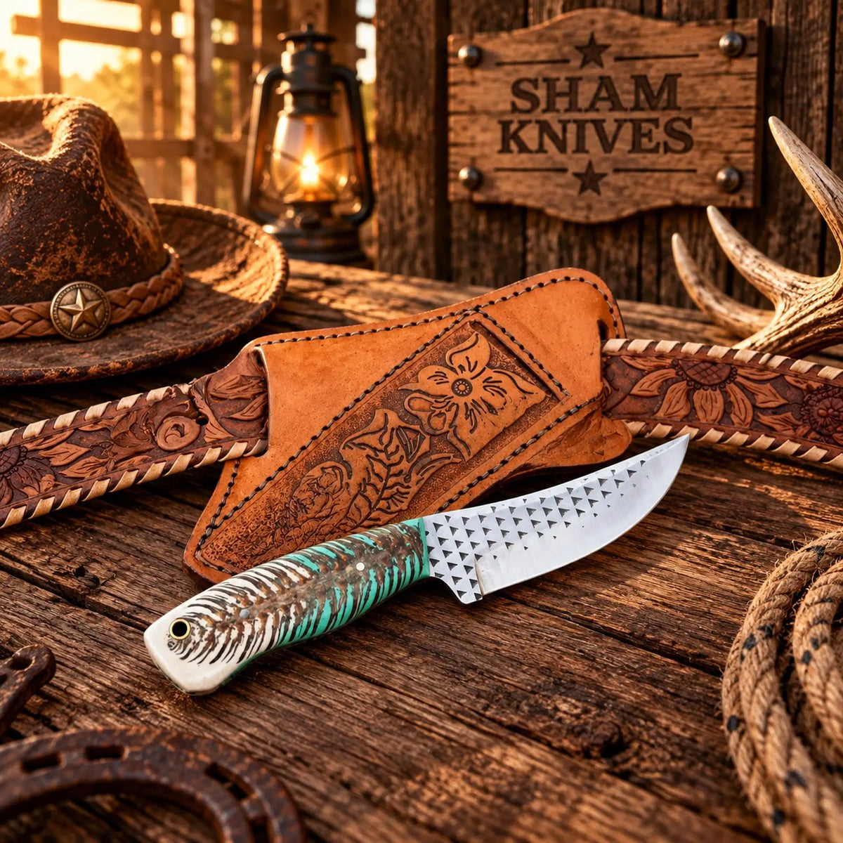 Santa Fe Rider farrier rasp skinning knife with belt sheath