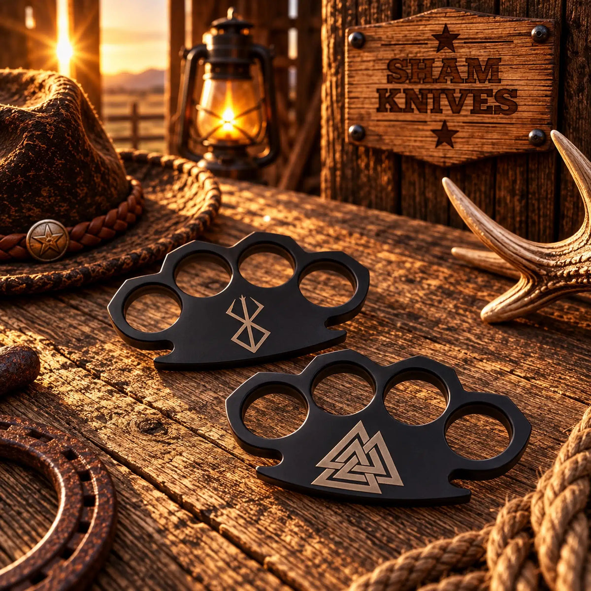 Engraved brass knuckle pair with leather sheath